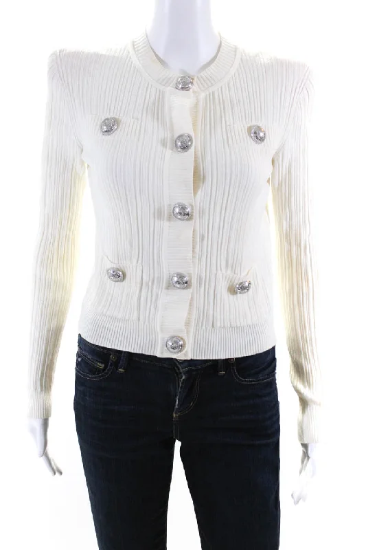 Balmain Womens White Ribbed Button Embellished Long Sleeve Light Jacket