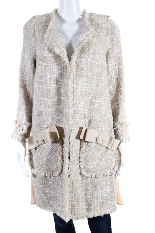 Edward Achour Womens Pleated Chiffon Tweed Hook & Eye Jacket Beige Ivory FR 44