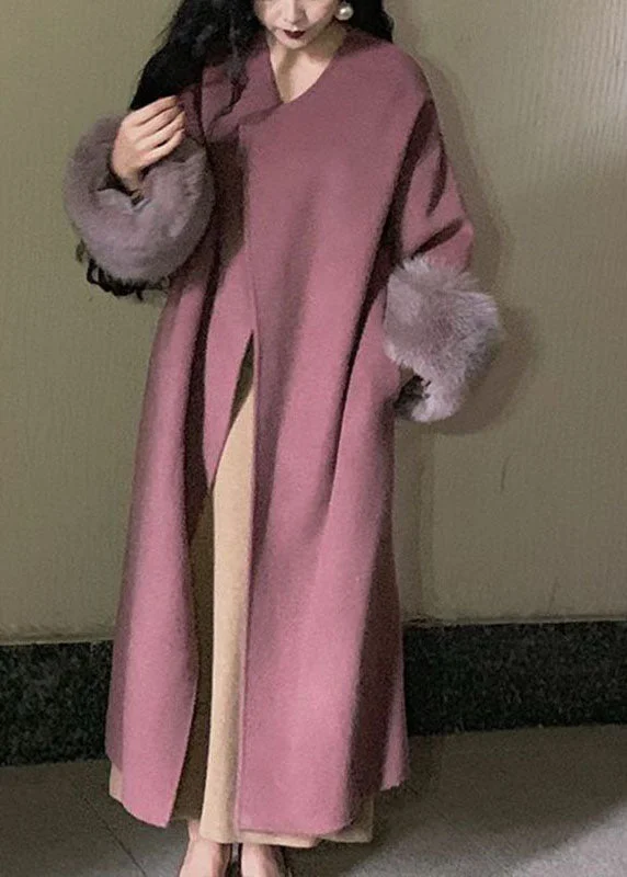 Fashion Lotus Root Pink Color O-Neck Woolen Maxi Coats Long Sleeve