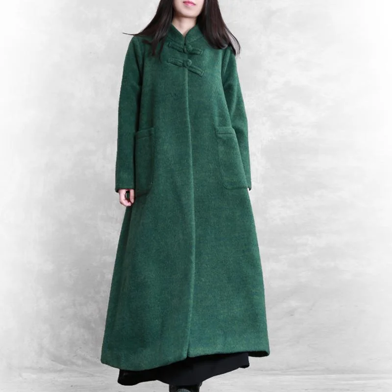 Fine green woolen coats plus size stand collar pockets coat