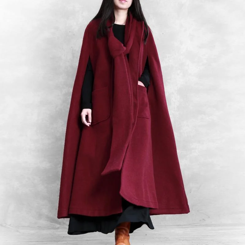 Fine oversize Winter coat burgundy Batwing Sleeve large hem Woolen Coat Women