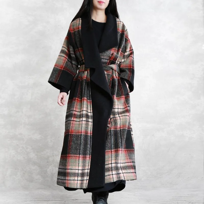 Fine red plaid Woolen Coat Women Loose fitting maxi coat Notched tie waist