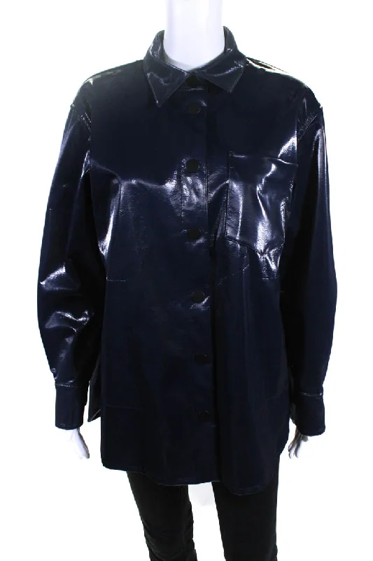 Lis Lareida Womens Leona Shiny Oversize Snap Collared Jacket Navy