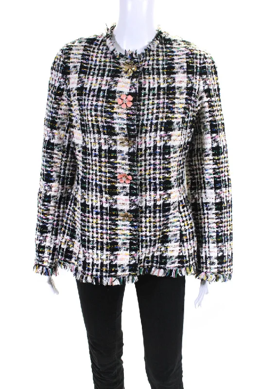 Oscar de la Renta Womens Metallic Tweed Flower Snap Jacket Multicolor