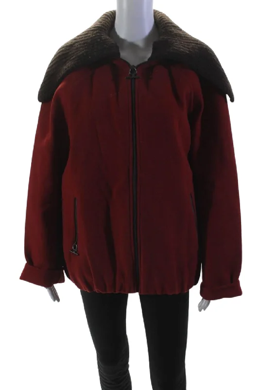 Salvatore Ferragamo Womens Full Zipper Wide Collar Jacket Red Wool