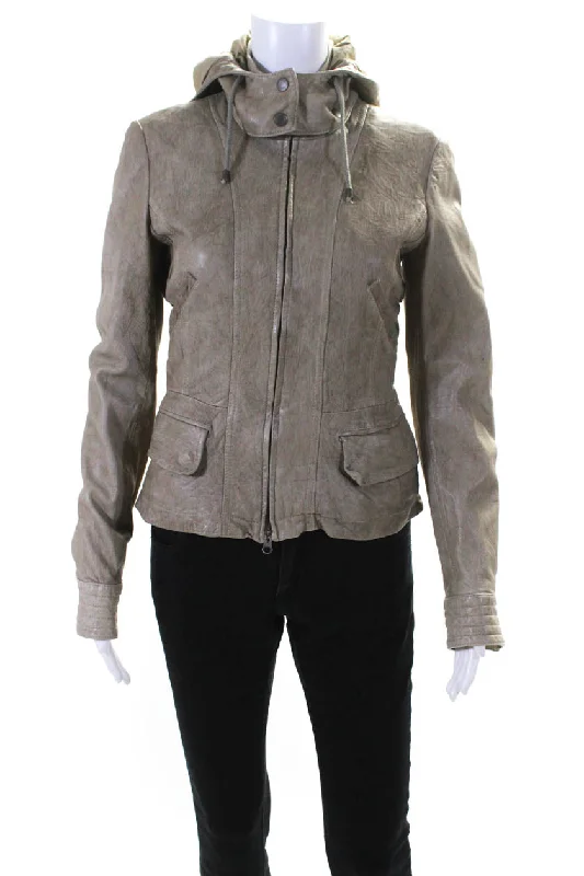 Vince Womens Dark Beige Leather Hooded Full Zip Long Sleeve Jacket