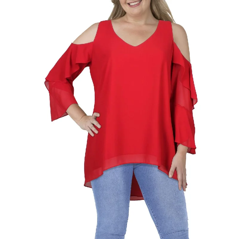 City Chic Womens Plus V-Neck Cascade Ruffle Cold Shoulder