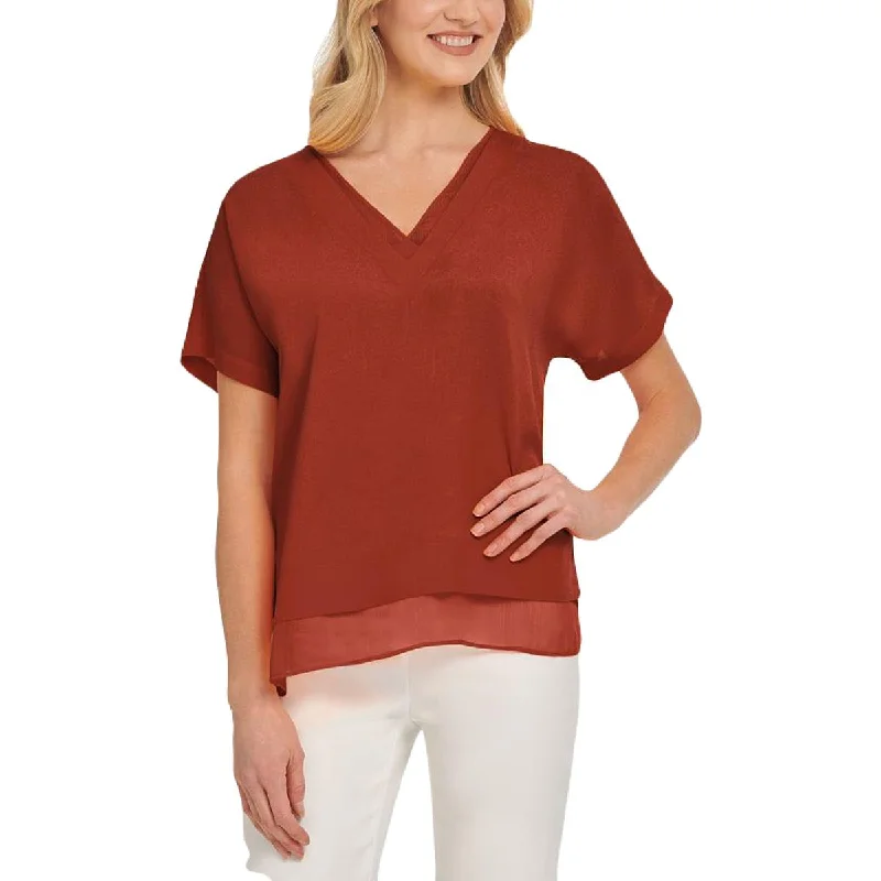 DKNY Womens Chiffon V-Neck Blouse