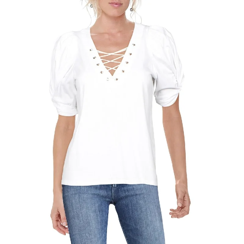 Generation Love Womens Puff Sleeve V-Neck Top