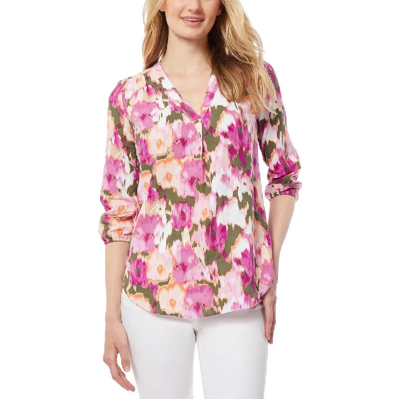 Jones New York Womens V-Neck Printed Blouse