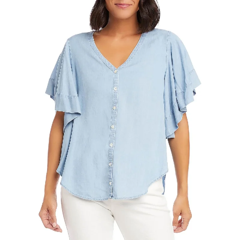 Karen Kane Womens Flutter Sleeve Top Hi-Low V-Neck Button-Down Top