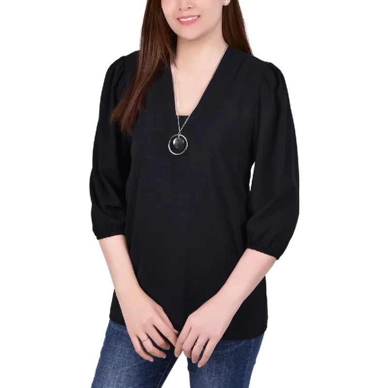 NY Collection Womens Petites Knit V-Neck Blouse