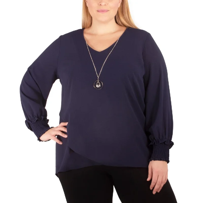 NY Collection Womens Plus V-Neck Long Sleeves Blouse