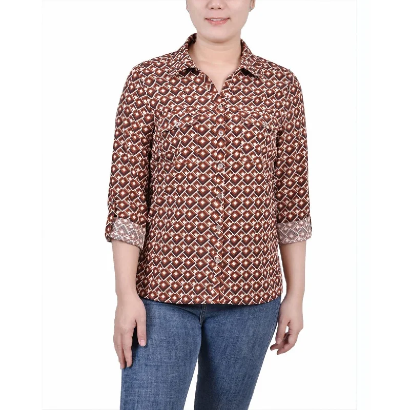 NY Collection Womens Petites V-Neck Button-Down Blouse