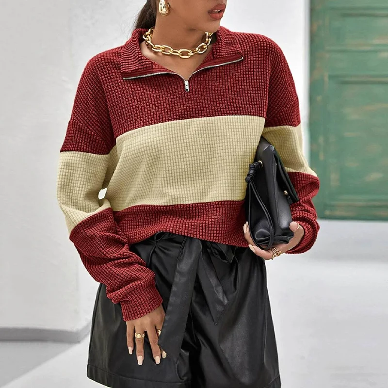 Drop Shoulder Two Tone Textured Half Placket Pullover