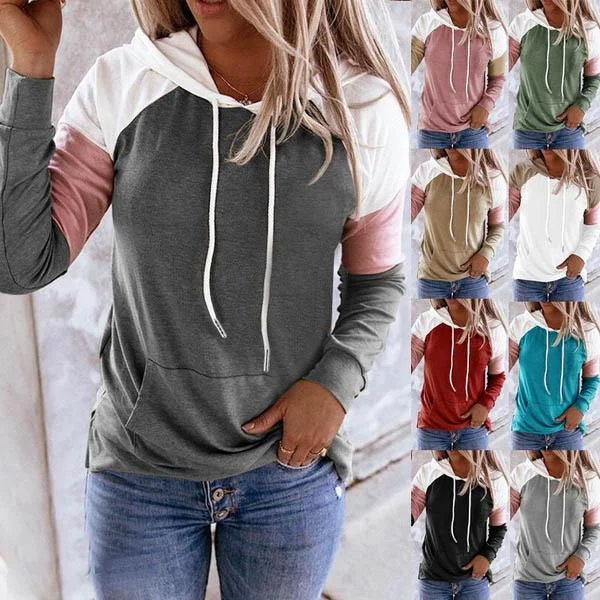 Winter Women’s Fashion Casual Sweatshirts Long Sleeve Hooded Pullover Loose Block Color Pockets Sweatshirts