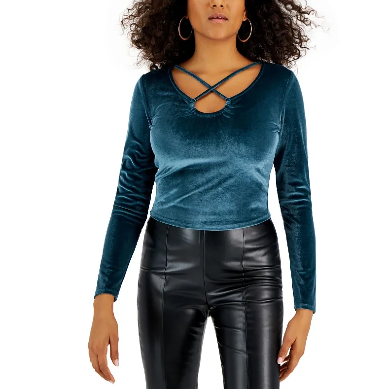 Juniors Womens Criss-Cross Front Velvet Pullover Top